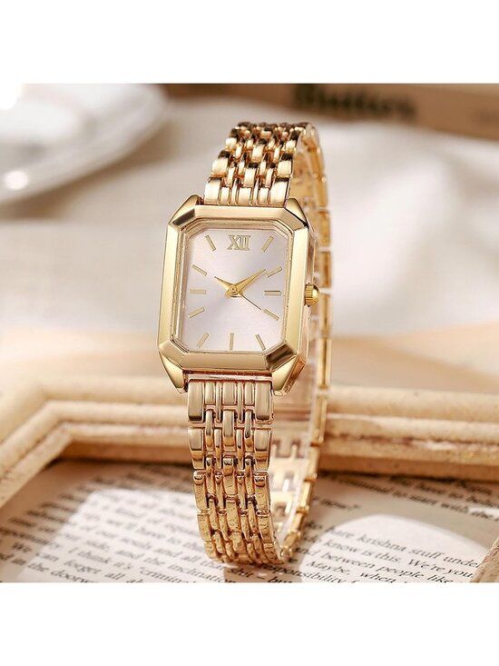Women\'s Gold Jewelry Stainless Steel Diamond Bangle Bracelets Set Square Watch